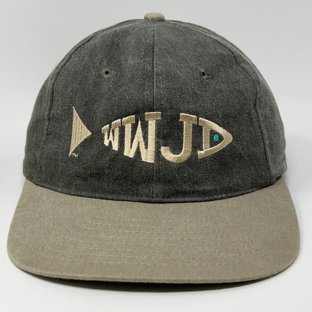 Vintage 90s WWJD Fish Hat Baseball Cap What Would Jesus Do Christ Strapback Gray
